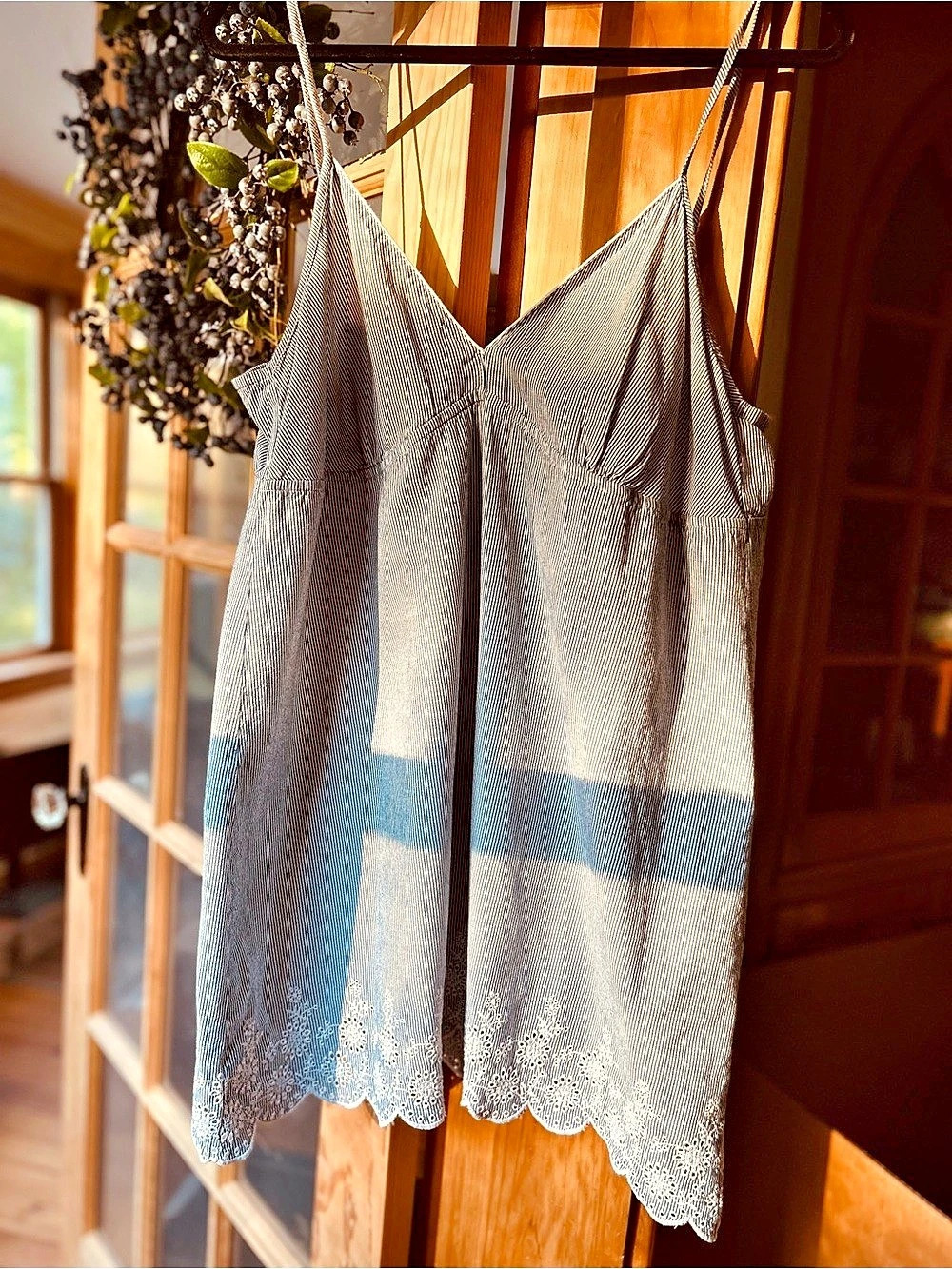 Striped Embroidered Mini Dress in White & Blue